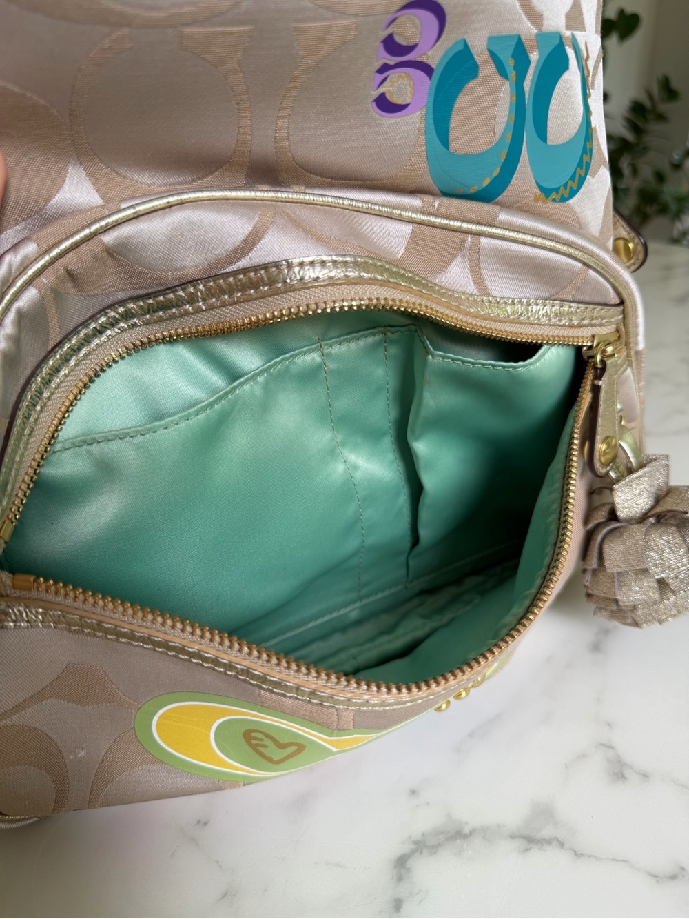 Coach Poppy Signature Graffiti Appliqué Backpack & Wallet Set Khaki Gold Multi - Picture 11 of 16